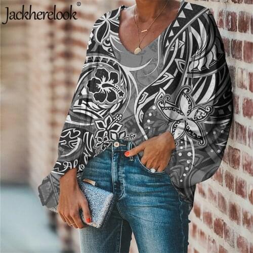 Jackherelook Plus Size Female Shirt Blouse Samoan Tattoo Polynesian Tribal Brand Design Womans Lantern Sleeve Tops Clothing