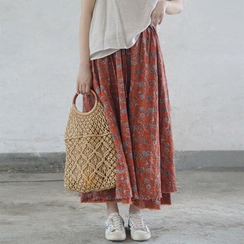 Johnature Cotton Women Skirts Print Floral Elastic Waist Retro Double Hem Skirt 2021 Summer New Belt Casual Loose Soft Skirts