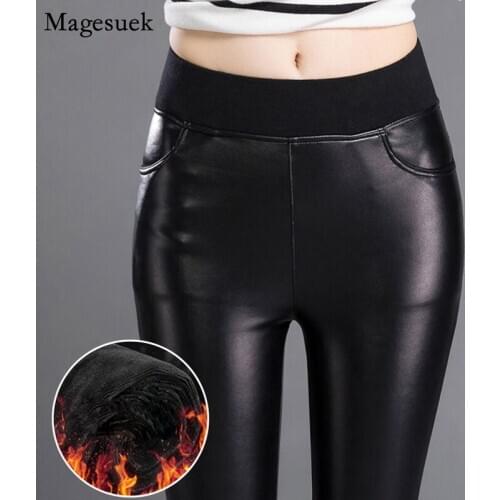 Korean Winter Velvet PU Leather Pants Women Thicken Black Skinny Pencil High Waist Pants Faux Legging Women Sexy Trousers 11499