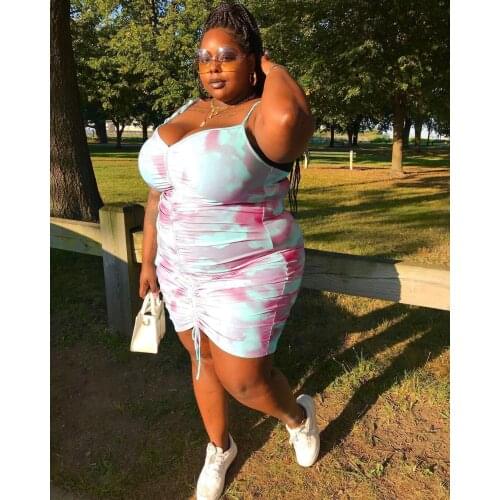 2021 Summer 4Xl Plus Size Womens Skirt Tie-Dye Drawstring Skirt Sexy Printed V-Neck Halter Short Skirt Dress
