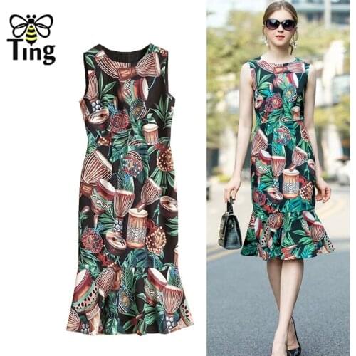 Tingfly Vintage Elegant Ruffles Hem Women Summer Casual Mermaid Dress Tropical Printing Slim Office Lady Dresses Vestidos Zaful