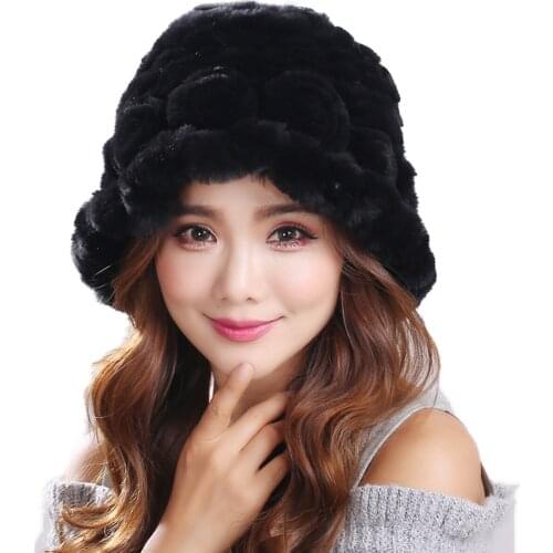 Winter Warm Fur Buckets Hats Women Real Rex Rabbit Beanie Cap Ruffled Brim Handmade Fluffy Soft