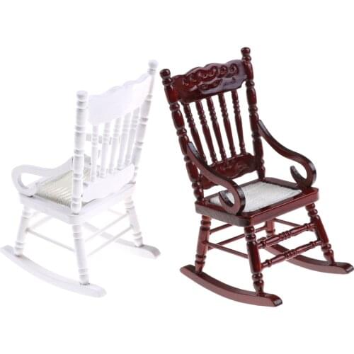 1:12 Dollhouse Miniature Furniture White Brown Wooden Rocking Chair Hemp Rope Seat For Dolls House Accessories Decor Toys