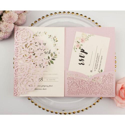 10pcs/lot elegant halloween pocketfold Laser Cut rose Wedding invitation Cards three folded card Greeting cover for party