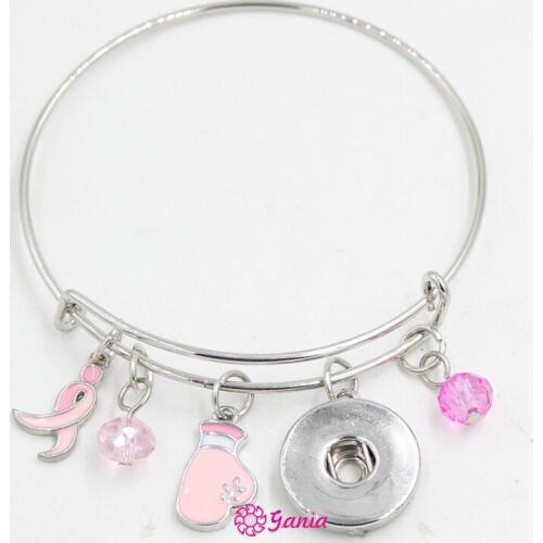 10PCS NEW Breast Cancer Awareness Snap Bracelet Jewelry Pink Ribbon Fighting Box Gloves Bracelets For women Fit 18mm Buttons