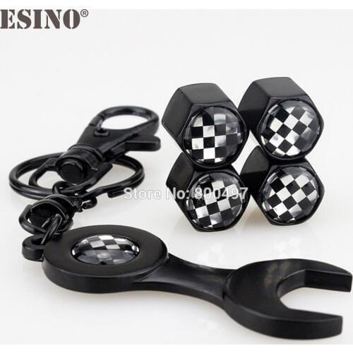 40 x Car Styling Stainless Steel Zinc Alloy Wheel Tire Valve Stem Caps F1 Racing Flag Universal With Mini Wrench Key Chain