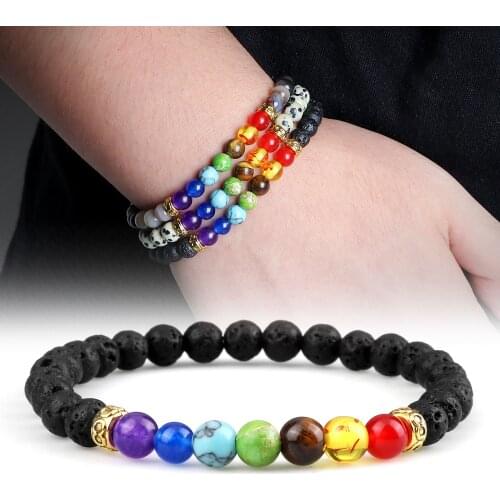 7 Chakra Reiki Beads Bracelet 6mm Natural Tiger Eye Stone Agates Lava Rock Strand Bracelets Balance Healing Bangle for Women Men