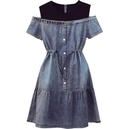 Plus Size Off-Shoulder Denim Stitching Dress Casual Womens Summer New Dress Slim Round Neck Retro Blue Jeans Dress Female 2021