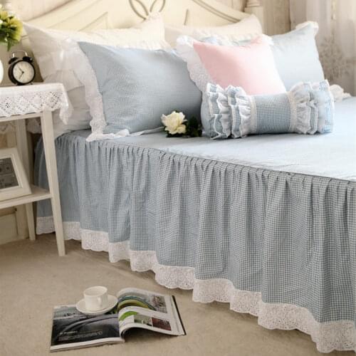 Top classic European style bule plaid bedspread embroidery Lace bedspreads mattress cover king bed sheet bedroom bedding textile