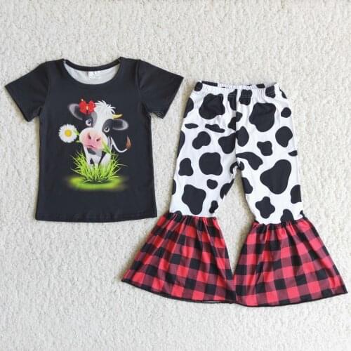 Young girl clothing suit cow eating grass pattern black short-sleeved cow spotted bell pants design boutique two-piece suit