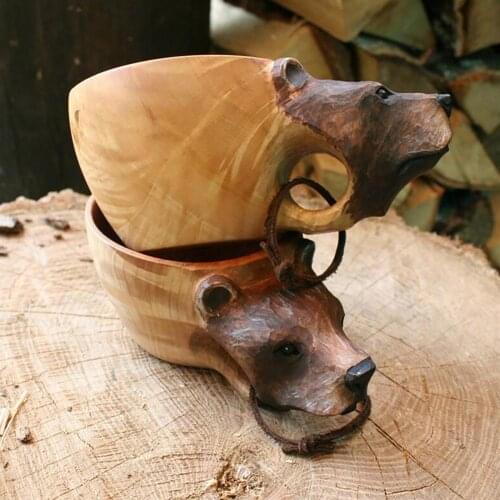 Delicate Water Mug Hand Carved Wooden Cup Fox Crafted Nordic Style Wood Camp Mug Animals Head Image Cup Milk Cupfor Drinking