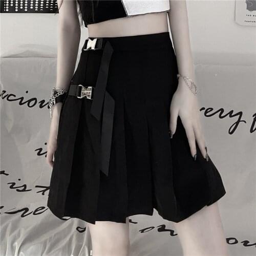 Summer Lady Buckle Strap Mini Skirts Solid Black Girl Gothic Pleated Skirt Dark Goth Midi High Waist Harajuku Casual Streetwear