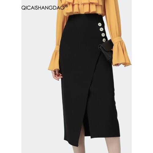 Fashion Black Asymmetry Women Pencil Skirt Elegant High Waist Split Autumn Long Skirts Plus Size Office Ladies Work Wear Bottoms
