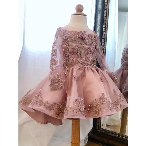 Pink Beaded Flower Girl Dresses For Wedding Party Ball Gowns Floor Length Long Sleeve First Communion Dress