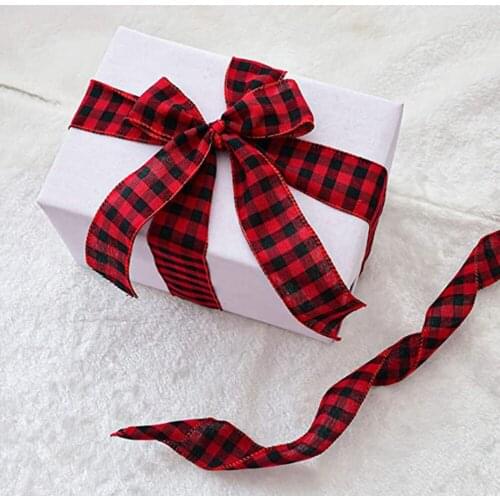 Christmas Lattice Ribbon Bow Plaid Imitation Hemp Xmas Tree Ornament Decoration Wire Edge Linen 1 Inch 5 Yards Gift Wrapping