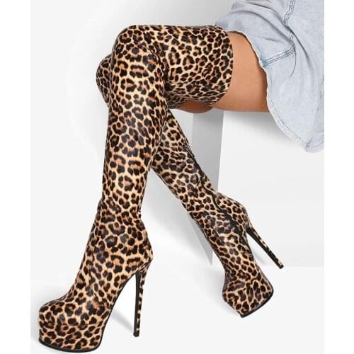 Fashion Womens Shoes Sexy platform Over The Knee High Unisex Boots Cosplay Leopard zipper thigh high boots Large Size 15 20