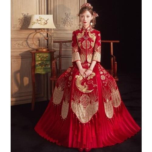 Chinese Traditional Wedding Bridal Stylish Long Cheongsam Dress Elegant Bride Dragon Phoenix Vintage китайская одежда