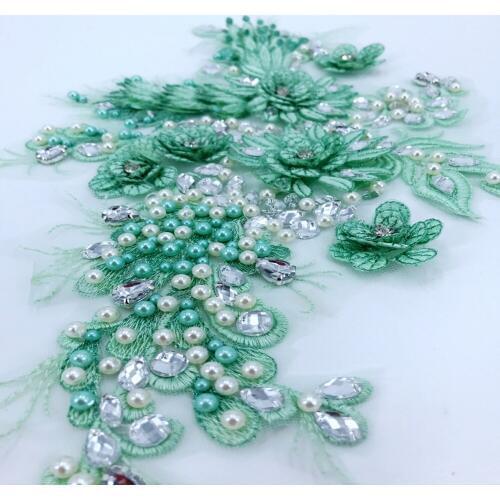 Three-dimensional flower light green lace applique with sew on beads rhinestones trim patches 38*23cm for dress accessory