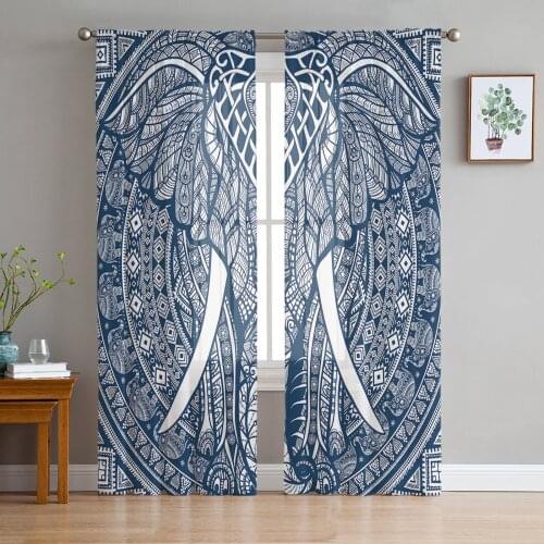 Mandala Pattern Elephant Blue Sheer Curtains for Living Room Bedroom Tulle Window Drapes for Kitchen Decoration