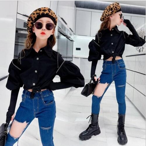 2021 Korea style girls puff sleeve shirt fashion cotton autumn girls blouse 4-9t B778