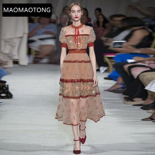 Womens Clothing Womens Clothing Fashion Runway Dress Summer Womens Dress Puff Sleeve Mesh Embroidery Vintage Midi Dresses