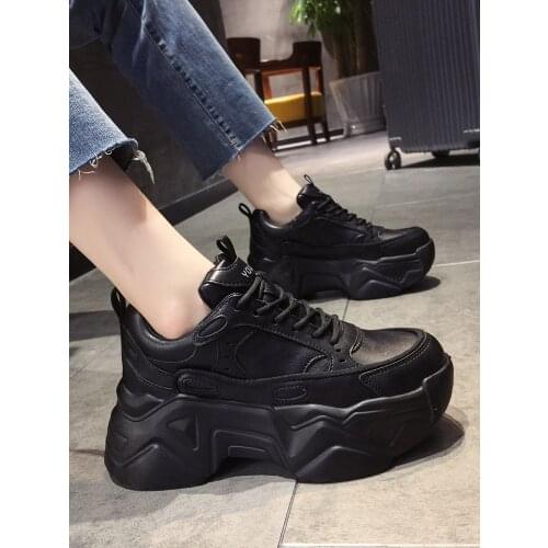 Women Platform Sneakers Leather Casual Ladies Chunky Shoes 2020 White Woman High Black Fashion Brand Thick soled Wedge Sneakers