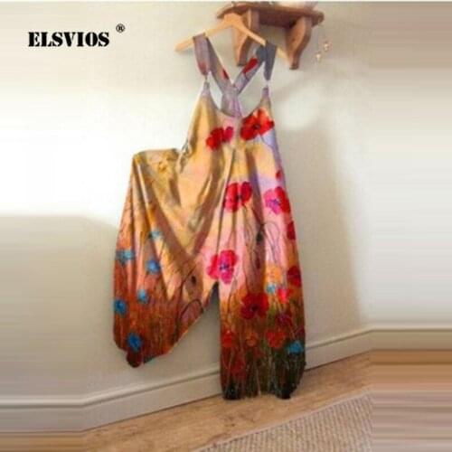 Creative Printed Loose Casual Jumpsuit Spring Summer Elegant Suspender Trousers Rompers Womens Vintage Strap Straight Leg Pants