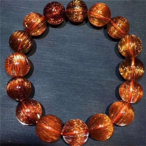 13.2mm Genuine Natural Copper Rutilated Quartz Gems Big Crystal Round Bead Bracelet Women Men AAAAA