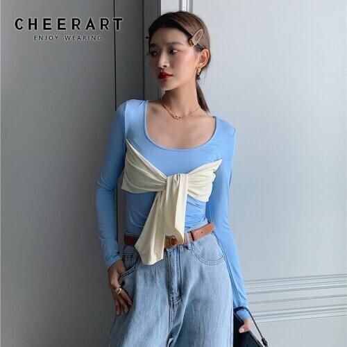CHEERART Blue Long Sleeve T Shirt Women Tshirts Fall 2020 Bow Patchwork Cute Tops Korean Style Tee Shirt Femme Basic Top