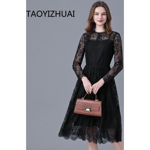 Women plus size Black dresses New French hollow out lace brand dress for spring and autumn dress in 2021
