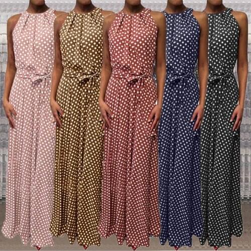 Hot Sales!!! Fashion Women Sleeveless Polka Dot Print Belt Halter Party Banquet Maxi Dress