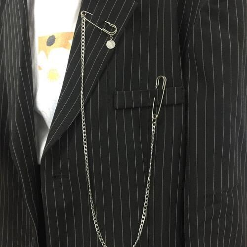 Japan and South Korea street ins trendy metal pendant chain double pin brooch hip hop punk cool chest chain men and women tide