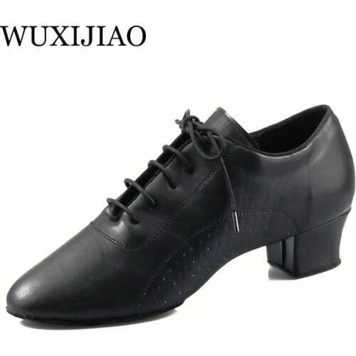 WUXIJIAO Latin Modern Dance Shoes Mens Leather Black and White Party Wedding Prom Dance Shoes 4.5cm Square Heel Soft Outsole