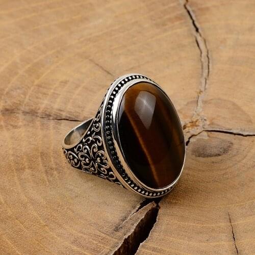 Silver Handmade Oval Big Tiger Eye Stone Mens Ring