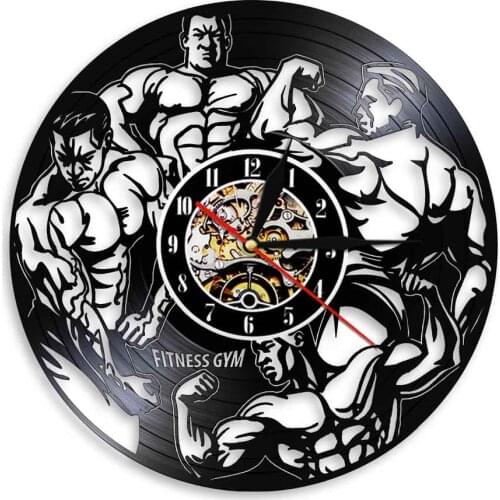 Muscle Men Bodybuilding Inspired Vinyl Record Wall Clock For Fitness Center Home Gym Workout Room Decor Album Music Record Clock