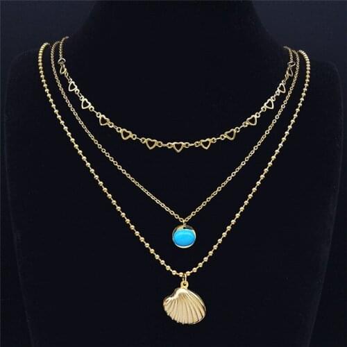 Stainless Steel Stone Bohemia Shell Layer Necklace for Women Gold Color Necklace Charm Jewelry collares de mujer NXS04