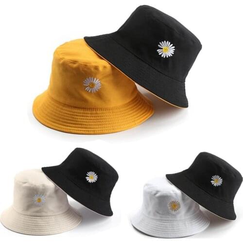Double-Side Unisex Bucket Hat Daisy Embroidery Fashion Print Hip Hop Panama Caps Summer Outdoor Fishing Fisherman Hat