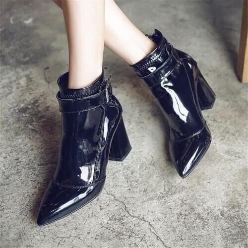 Women British sexy patent leather pointed short Martin boots spring autumn winter womens shoes thick with high heel ankle boots