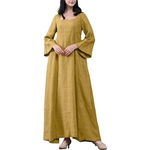 Casual Elegant Dress Retro Women Clothing O Neck Long Sleeve Solid Color Large Hem Cotton Linen Maxi Dress 2021