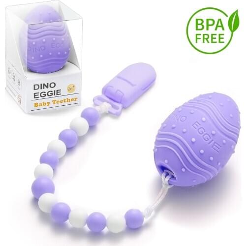 Dino Eggie Baby Teether, Egg-Shaped Teething Toy with Clip, BPA-Free, CPSC Lab Tested and Approved, for Infant Boys Girls 3-12M