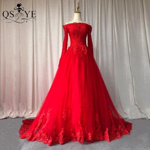 QSYYE Luxury Red Puffy Prom Dresses Lace Appliques Tulle Evening Dress Boat Neck Long Sleeves Red Wedding Party Gown