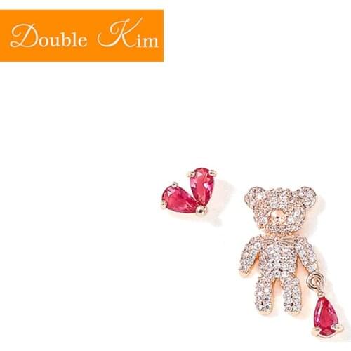 Little Bear Love Heart Asymmetric Stud Earrings Copper Alloy Inlaid Zircon Earrings Gold Color Trendy Fashion Women Jewelry Gift