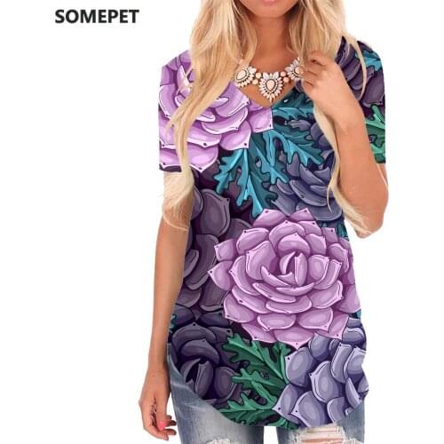 SOMEPET Colorful T Shirt Women Flowers Funny T shirts Creativity V-neck Tshirt Art Tshirts Printed Womens Clothing Hip hop Loose