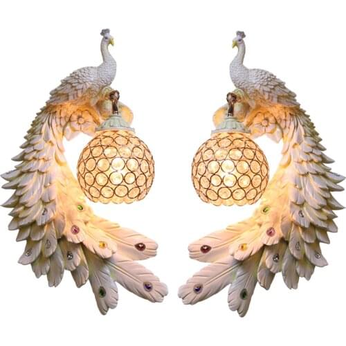 Modern Twins Peacock Wall Lamp Creative Colorful Gold White Peacock Light LED Crystal Meta Wall Lamp For Dining Room Corridor