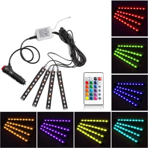 4x Car Interior RGB LED Strip Lights Dash Floor Foot Light For Car Styling Decorative Atmosphere Lamp Auto Light Bar With Remote