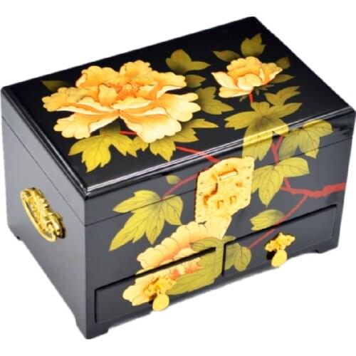 Pingyao Push Light Lacquerware Jewelry Box Wooden Dowry Vintage Wedding Gift Solid Wood Bride Cosmetic Case Red Chinese Style