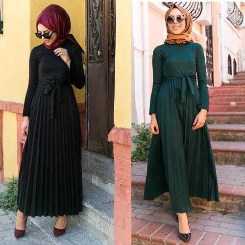 Turkey Ramadan Abaya Women Muslim Dress Lace-up Moroccan Kaftan Jilbab Hijab Pleated Vestidos Islamic Clothing Mujer KALENMOS