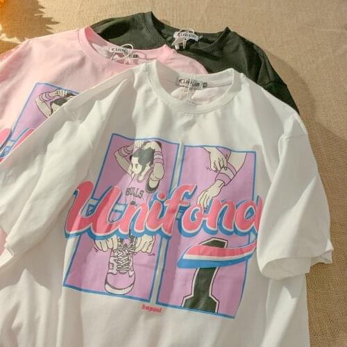 Women clothes Short Sleeve Oversized Anime print Hip Hop Loose Korean Style Grunge Kawaii Students Simple Chic sweet punk shirt