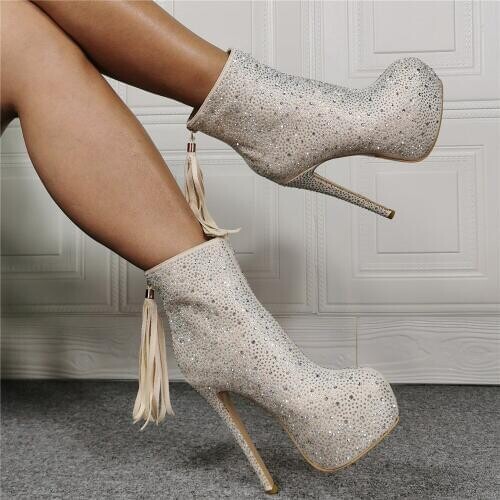 Ladies Bling Full Rhinestone Platform Ankle Boots Back Fringed Zipper Short Boots Fashion Crystal Boots
