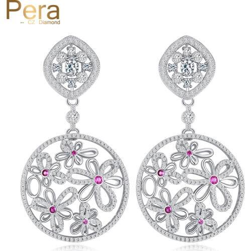 Pera CZ Big Round Hollow Out Butterfly Flower Shape Cubic Zirconia Stone Women Long Drop Earrings Jewelry For Evening Party E177